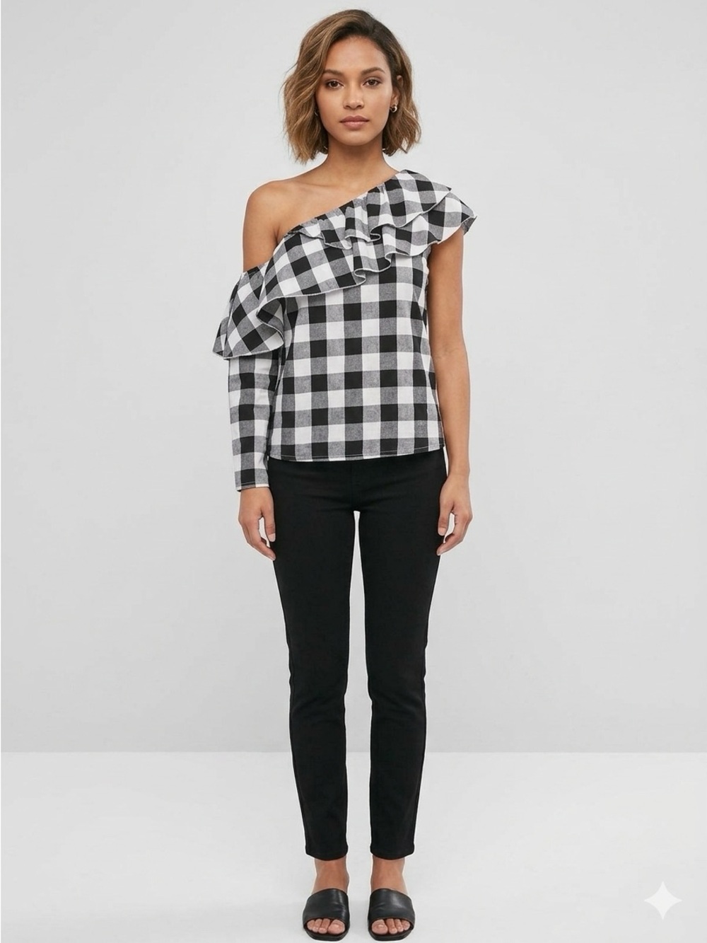 🆕 Athena Marie Black & White Gingham Asymmetrical One-Shoulder Ruffle Top Blouse